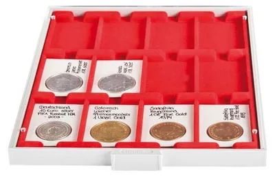 Produktbild von Lindner 2170M Münzbox Marine mit 12 rechteckigen Vertiefungen für REBECK COIN L Münzrähmchen 75 x 50 mm Marine-grau / blaue Einlage