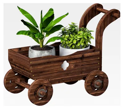 Produktbild von Hochbeet aus Holz, Pflanzbeet im Wagenstil mit 4 Rädern und Griff, Gartenbeet für Blumen, Pflanzen und Gemüse, 68 x 38 x 52 cm