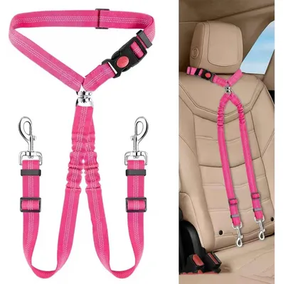 Produktbild von Hund Sicherheitsgurt Auto, Verstellbar, Reflektierend, Elastisch, 2-in-1 Leine & Anschnallgurt, 360° Drehbar, Nylon, Schnellverschluss, Rosa