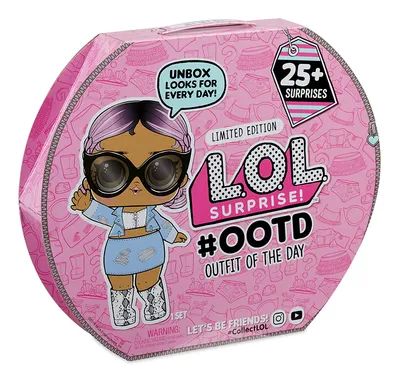 A pink circular box for an L.O.L. Surprise! OOTD (Outfit of the Day) advent calendar, featuring a doll illustration and promotional text.