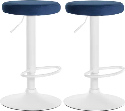 Two blue bar stools with white bases and stems are shown against a white background.