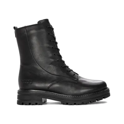 A black leather lace-up boot shown from the side against a white background.