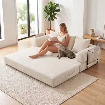 Produktbild von LVHOM Klappbares Schlafsofa aus Cordstoff, Modulares Tagesbett mit Metallgestell, Klappsofa Bodensofa mit Stauraum, 300kg Belastbarkeit, Beige