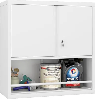 Produktbild von Hängeschrank Metall Werkzeugschrank mit 2 Türen, Abschließbar Aufbewahrungsschränke Wandhängeschrank für Garage Werkstatt Küche, 76×30,5×78cm, HD26032306 (Weiß)