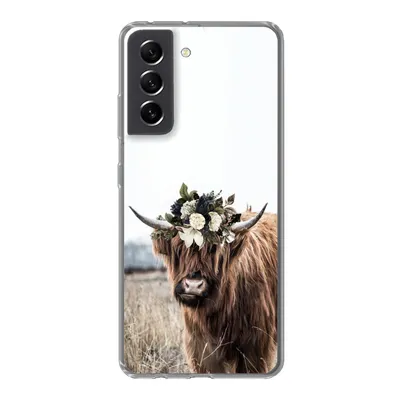 Produktbild von MuchoWow® Handyhülle Schutzhülle Hülle für Samsung Galaxy S21 FE Schottischer Highlander - Blumen - Tiere Silikon Softcase Handy Hülle - Mobiltelefonhülle