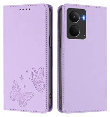 Image de Étui en cuir pour Realme 14 5G, étui de protection type portefeuille en cuir gaufré motif papillon avec support, violet