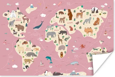Produktbild von MuchoWow® Poster Weltkarte Kinder - Tiere - Erde - Jungen - Mädchen - Rosa 90x60 cm - Schlafzimmer