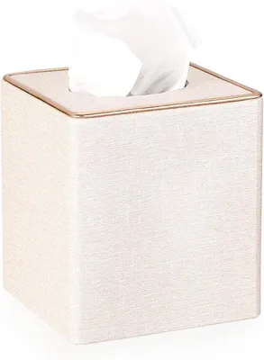 Image de Porte-mouchoirs cubique beige avec une ligne dorée - Boîte à serviettes et porte-gobelets - Trousse de rangement et coffret distributeur