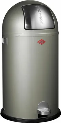 A studio shot of a gray Wesco trash can with a silver pedal and lid.