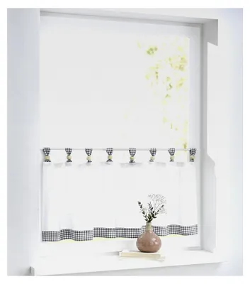 Produktbild von Scheibengardine Bistrogardine in Weiß und Grau kariert mit Schlaufen und Holzkugeln, 100% Baumwolle, Landhaus-Gardine für die Küche, Breite 120 cm x Höhe 35 cm