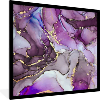 Produktbild von MuchoWow® Gerahmtes Poster Marmor - Rosa - Lila - Gold 40x40 cm - Poster mit Schwarzem Bilderrahmen Wandposter Rahmen Foto Bilder - Mit Rahmen - Wanddekoration Schlafzimmer