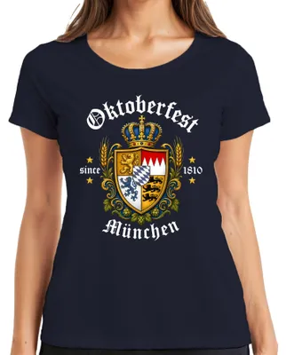 Obrázek produktu pro Mnichov 1810, erb Bavorska, "Wiesn", koruna, kožené kalhoty, lev, dámské tričko, tmavě modrá, velikost XL