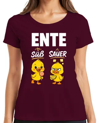 Immagine prodotto di Maglietta da donna, colore bordeaux, taglia S, con scritta divertente a tema "dolce e acido" e immagine di un pulcino. La scritta esprime un concetto umoristico, sarcastico o provocatorio