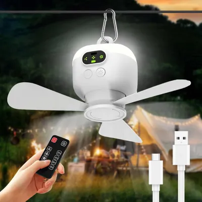 Immagine prodotto di Ventilatore da campeggio, ventilatore a soffitto con luce e telecomando, ricaricabile