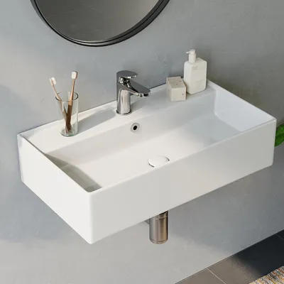 Waschbecken 55 cm, Keramik, dünner Rand, modern, rechteckig
