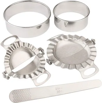 Produktbild von Famanu Dumpling Set mit Edelstahl Formen, Teigschneider und Fülllöffel - 4-teilig