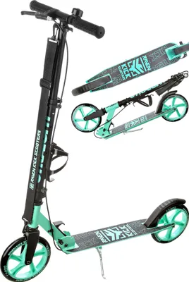 Immagine prodotto di Monopattino Raven Kick Scooter, modello Straight, nero/verde menta, ruote da 200 mm, con freno a mano, campanello e portabibite