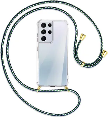 Produktbild von Handykette Backcover-Schutzhülle mit Band (Metall goldfarben) für Samsung Galaxy S21 Ultra 5G - grün/blau/weiß