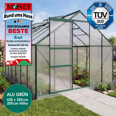 Produktbild von BRAST Gewächshaus Aluminium mit Fundament | 430x250x205cm | 6mm Hohlkammerplatten | rostfrei wetterfest temperaturbeständig | Grün