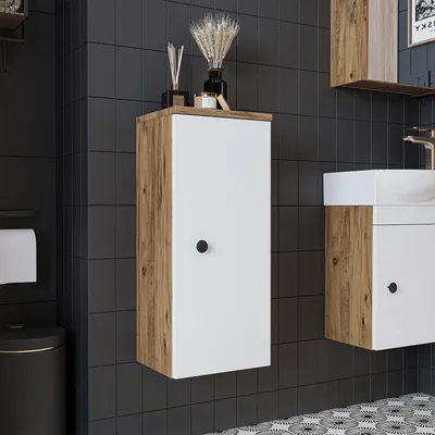 Image de Meuble de salle de bain Roomart PUNTO, armoire haute de 30 cm de large, chêne blanc
