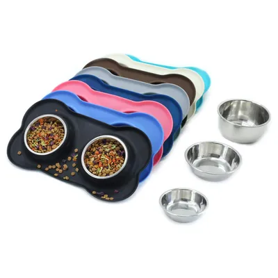 Produktbild von Doppel Futternapf Katzen rutschfest,46*27cm, hochwertiger rostfreier Edelstahl Futternapf Hund und Fressnapf Katze mit Spritzschutz-Silikonbasis. Für kleine Hunde und Katzen