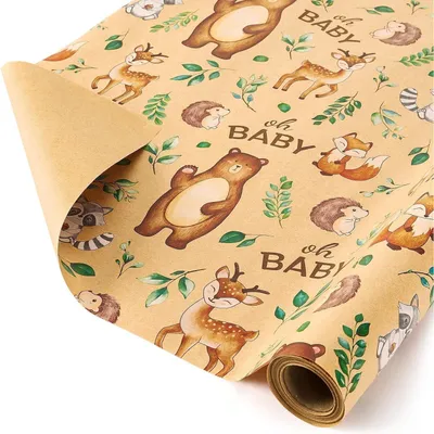 Productafbeelding van Cadeaupapier, kraftpapier, 1 rol, 43 cm x 10 m, dubbelzijdig, motieven van bosdieren (beer, hert), geschikt voor baby's en verjaardagen