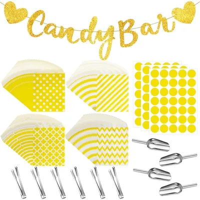 Productafbeelding van Candy Bar Decoratieset: zakjes, stickers, suikerbeker, guirlande, 114 stuks, geel