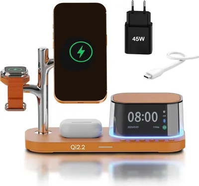 Produktbild von Kabellose Ladestation 5-in-1 mit Wecker, Bluetooth-Lautsprecher & LED-Nachtlicht