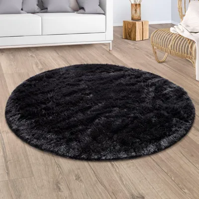 Produktbild von Hochflor Teppich Shaggy waschbar Unifarben Schlafzimmer schmutzabweisend Schwarz Rund 200D | 100% Polyester | Florhöhe: 33 mm | pflegeleicht