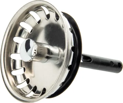 A close-up studio shot of a sink strainer basket with a black handle.