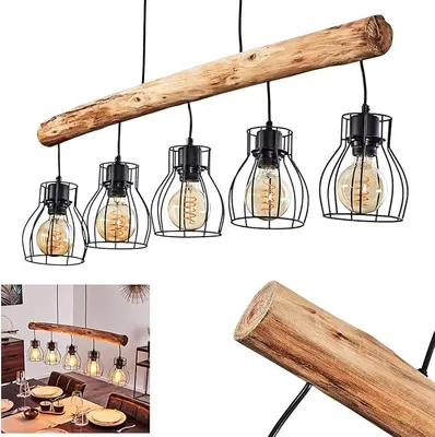 Image de Suspension Gondo, lampe suspendue en métal/bois, noire/marron, 5 ampoules, culot E27, abat-jour à motif en treillis, hauteur réglable jusqu'à 140 cm maximum, design industriel moderne, idéale pour la cuisine ou le salon
