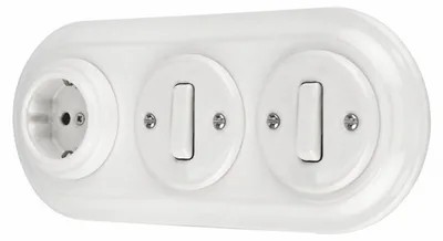 Produktbild von Unterputz Porzellan Retro Steckdose, Schalter, 3-fach, All-in-One, SET Serie PR1 weiß