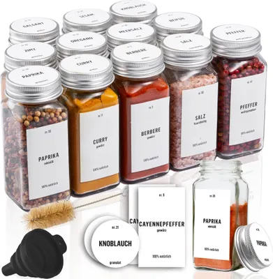 Obrázek produktu pro Sada 12ks - Deco Haus Dózy na koření se šroubovacím uzávěrem - Sada s etiketami, trychtýřem, čisticím kartáčkem - 120 ml, 10,5 x 4,3 cm