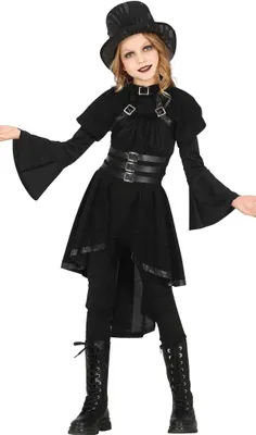 Produktbild von Halloween Schwarz Gotische Zauberin Tunika Kostüm Kreatives Design Für Magische Abenteuer Karnevalsfest Gothic Kinderoutfit, Größe: 110/116 Farbe: Schwarz