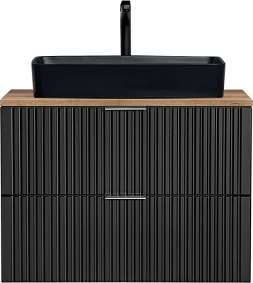 Produktbild von Waschtisch, 81cm, mit schwarzem Aufsatzwaschbecken, ADELAIDE-56-BLACK, in matt schwarz mit Eiche Nb., Front gerillt, B/H/T ca. 80,6/70,2/46,5 cm