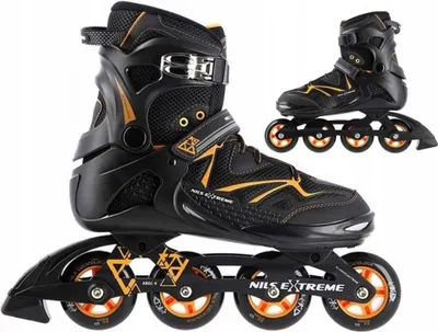 A pair of black and orange inline skates are displayed against a white background. One skate is shown in full detail in the foreground, while a second skate is shown in the background, slightly elevated and to the right.