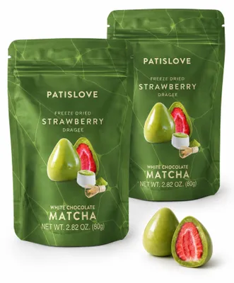 Produktbild von Patislove Matcha Erdbeer-Dragees, gefriergetrocknete Erdbeeren in weißer Matcha-Schokolade, 80 g – 2er Pack (2 × 80 g)