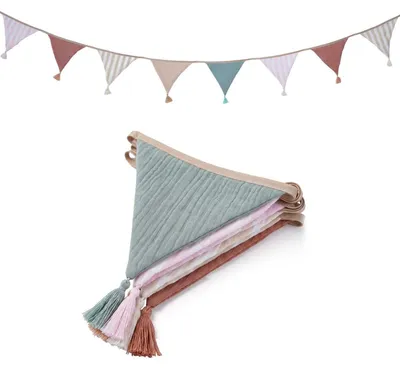 Produktbild von Wimpelkette Kinderzimmer Boho-Pastell 2,6 m Girlande mit Quasten Musselin Baumwolle