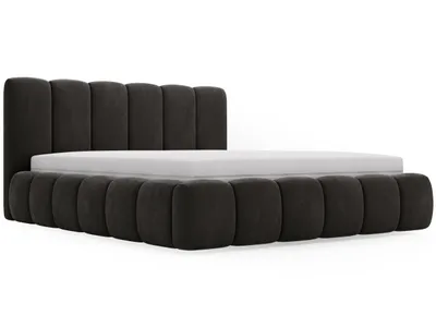 A dark gray upholstered bed frame with a mattress, shown from a side angle against a white background.
