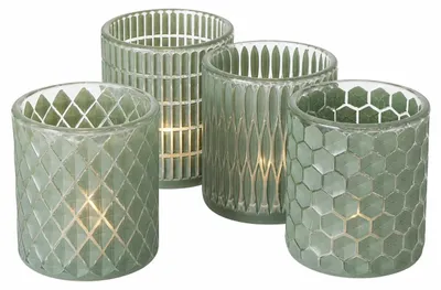 Produktbild von Boltze Windlicht Set Grün Glas 4-teilig gemustert