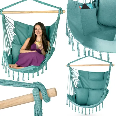 A collage of images showing a teal hammock chair with a woman sitting in it, a close-up of the chair's pocket, and a view of the chair without a person.