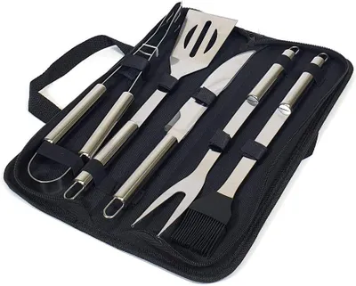 Image de Ensemble d'ustensiles de barbecue, 5 pièces, en acier inoxydable et en silicone résistant à la chaleur, avec sac de rangement, pour barbecue