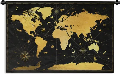 Produktbild von MuchoWow® Wandteppich Wandbehang Weltkarte - Gold - Schwarz - Luxus 60x40 cm Tapisserie Dekoration Wandtuch - Wanddekorationen