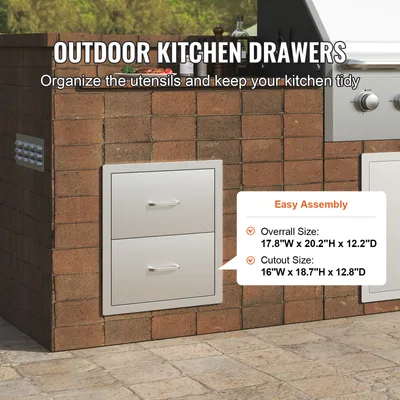 Produktbild von Outdoor-Küchenschubladen flächenbündig montierte Doppel-Grillschubladen aus Edelstahl mit Griff, Grillinselschubladen für Außenküchen oder Terrassen-Grillstationen 451 x 514 x 310 mm