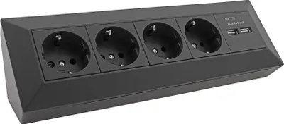 Image de bloc de 4 prises + 2x USB, noir, montage en saillie