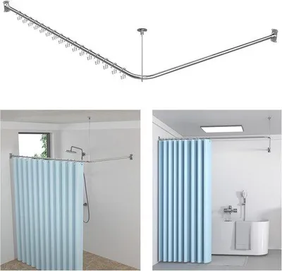 Productafbeelding van Famanu douchegordijnstang in L-vorm, gemaakt van roestvrij staal SUS 304, verstelbaar van 100-120 × 100-190 cm, inclusief 16 ringen