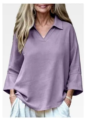 Produktbild von Damen Tunika 3/4-Ärmel V-Ausschnitt Bluse Sommer Leinenähnliches Oberteil Lässig Schulterfrei Pullover Kragen Trompetenärmel Oberteil Sommerblusen Blusenshirt T-Shirt