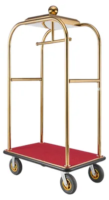 Image de Chariot à bagages SucceBuy en acier inoxydable, capacité de charge de 544,31 kg, équipé de roues en caoutchouc de 20 cm, avec tapis rouge et tringle à vêtements, idéal pour les hôtels et les complexes touristiques, couleur or