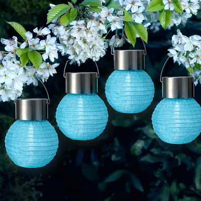 Produktbild von LED Solar Mini Lampions - kaltweiße LED - H: 9,5cm - D: 7cm - Lichtsensor - blau - 4er Set