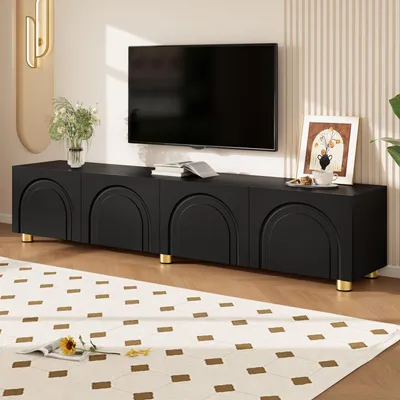 Produktbild von Merax TV Lowboard mit 4 Türen und Bogenrelief, TV-Schrank mit Metallfüße und Stauraum, Minimalistisches Design TV Board aus Spanplatte, Schwarz